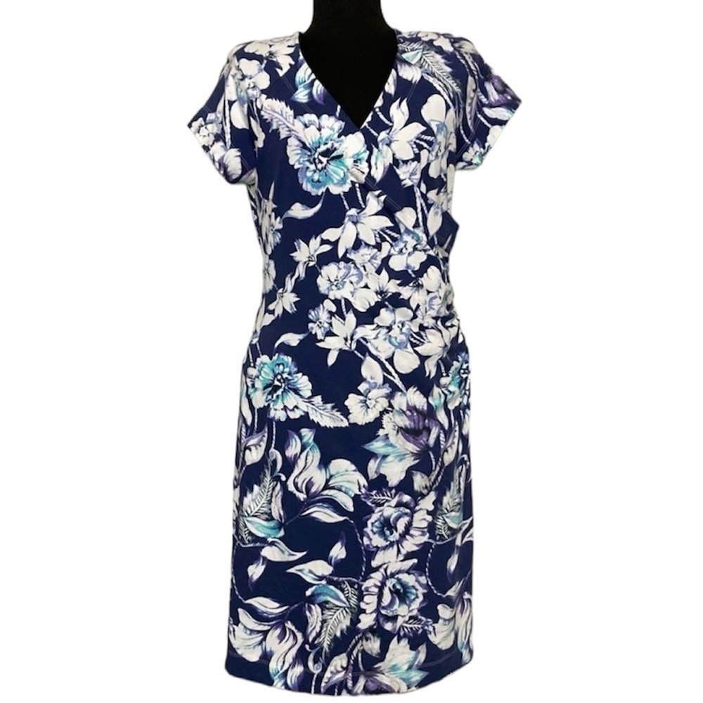 Soft Surroundings Women's Blue Floral Shapely Anywhere Faux Wrap Dress M
